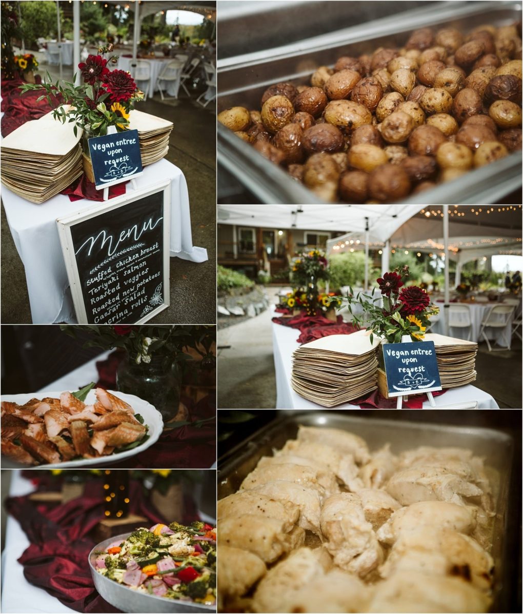 Premier snohomish & seattle wedding photographer | gsquared weddings photography collage of buffet dishes at an outdoor snohomish seattle wedding or engagement including roasted potatoes bread rolls salmon salad stacks of plates and a chalkboard menu listing vegan and vegetarian options with floral decorations and string lights overhead | serving snohomish seattle                   & beyond
