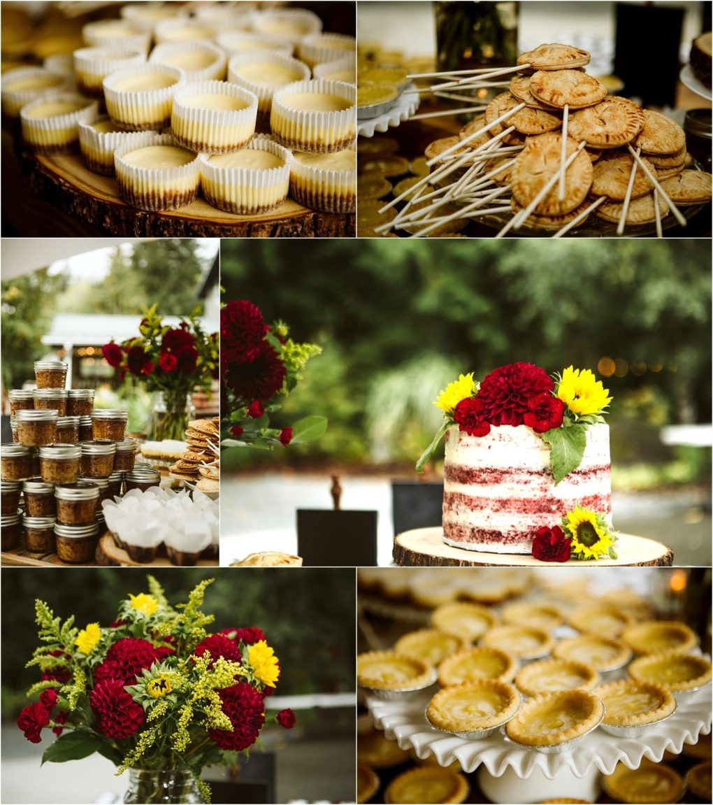 Premier snohomish & seattle wedding photographer | gsquared weddings photography a collage of dessert table photos at a snohomish seattle wedding featuring mini cheesecakes pies on sticks mason jars filled with treats a rustic naked cake with red and yellow flowers and vibrant floral arrangements | serving snohomish seattle                   & beyond