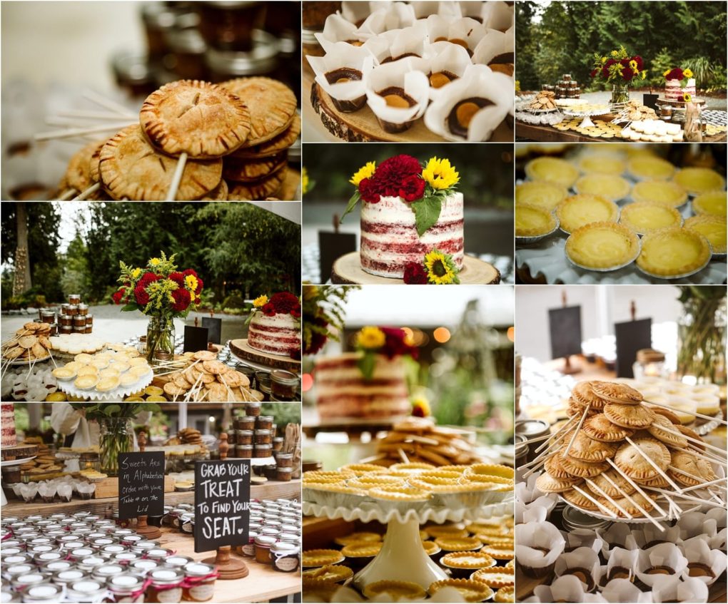 Premier snohomish & seattle wedding photographer | gsquared weddings photography a collage of rustic dessert tables at a snohomish outdoor wedding featuring pies tarts naked cakes with red and yellow flowers jars of preserves and charming signs inviting guests to enjoy sweet treats | serving snohomish seattle                   & beyond
