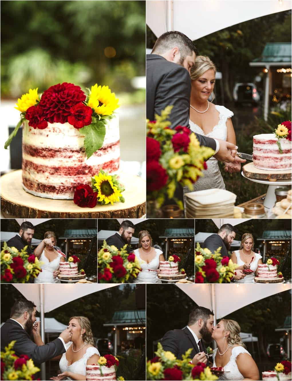 Premier snohomish & seattle wedding photographer | gsquared weddings photography at their snohomish outdoor wedding reception a bride and groom cut and share slices of a rustic semi naked wedding cake decorated with red and yellow flowers The couple laughs and feeds each other cake capturing the joy of their seattle engagement | serving snohomish seattle                   & beyond