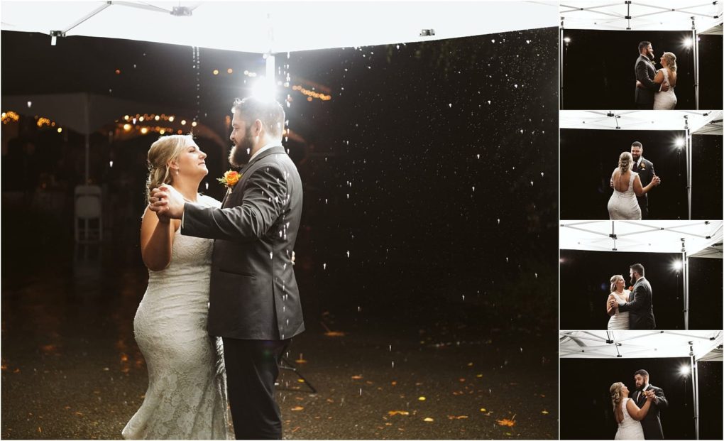 Premier snohomish & seattle wedding photographer | gsquared weddings photography a bride and groom dance together under a white canopy at night in the rain during their romantic snohomish wedding On the right smaller photos capture them smiling and dancing from different angles with twinkling lights in the background | serving snohomish seattle                   & beyond