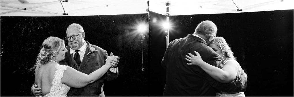 Premier snohomish & seattle wedding photographer | gsquared weddings photography two black and white photos side by side capture a bride dancing with an older man under a tent at night They embrace closely sharing an emotional and joyful moment during their snohomish wedding celebration | serving snohomish seattle                   & beyond