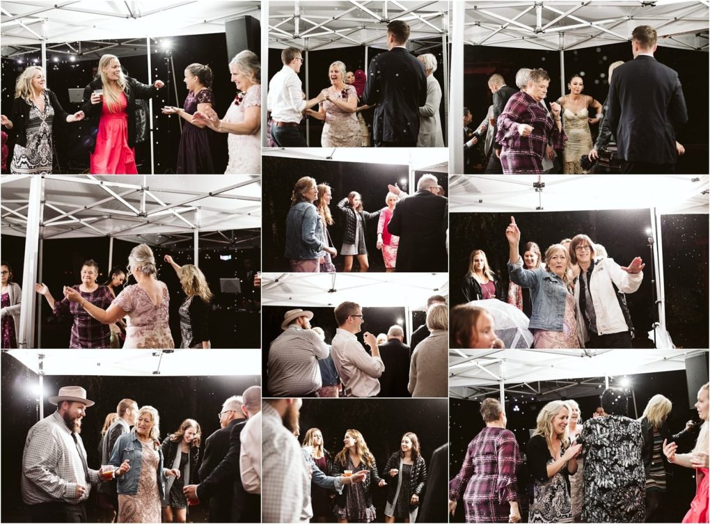 Premier snohomish & seattle wedding photographer | gsquared weddings photography a collage of people dancing laughing and chatting under a white tent at a nighttime snohomish wedding event dressed in semi formal attire Some are enjoying the rain with joyful and lively expressions | serving snohomish seattle                   & beyond