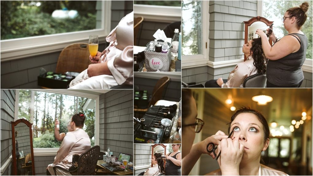 Premier snohomish & seattle wedding photographer | gsquared weddings photography a collage shows a woman getting ready for her snohomish wedding with scenes of hair and makeup relaxing with a drink and looking into a mirror on a tree lined porch Close ups highlight makeup tools and small seattle wedding details | serving snohomish seattle                   & beyond