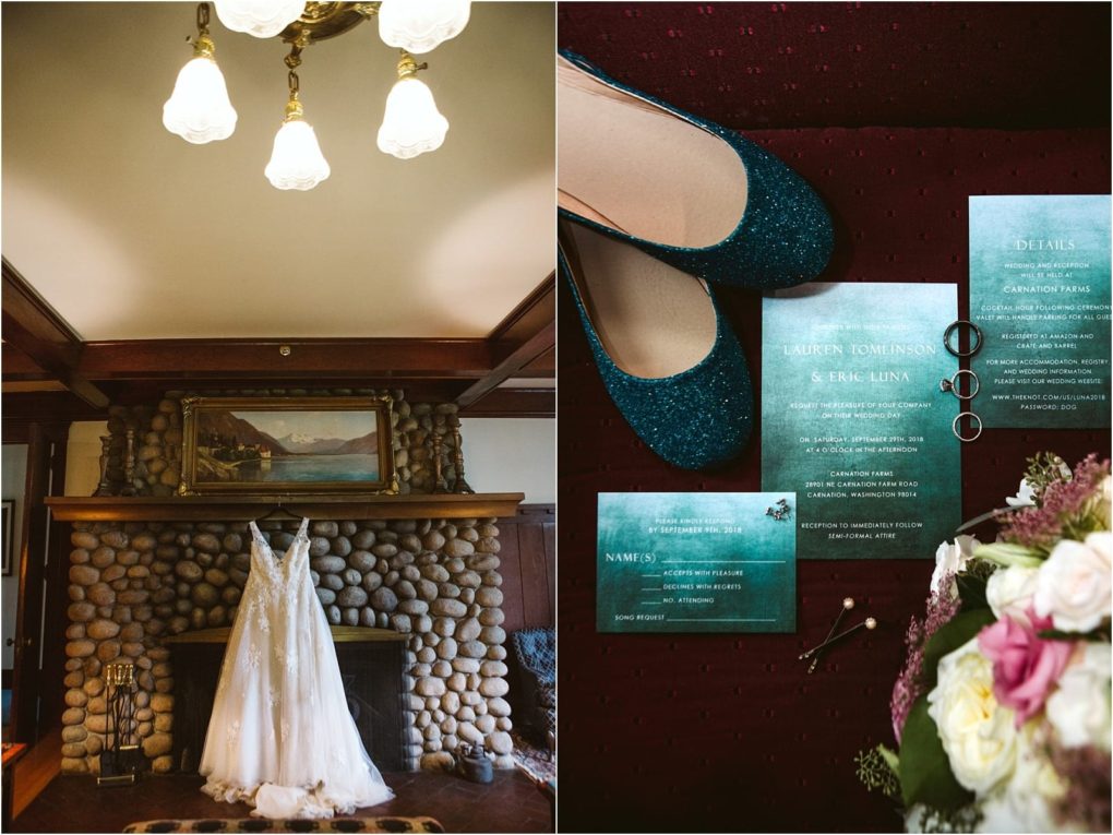 Premier snohomish & seattle wedding photographer | gsquared weddings photography a split image on the left a wedding dress hangs from a stone fireplace on the right teal shoes wedding rings and invitation cards are arranged on a burgundy surface beside a bouquetcapturing elegant snohomish seattle wedding details | serving snohomish seattle                   & beyond