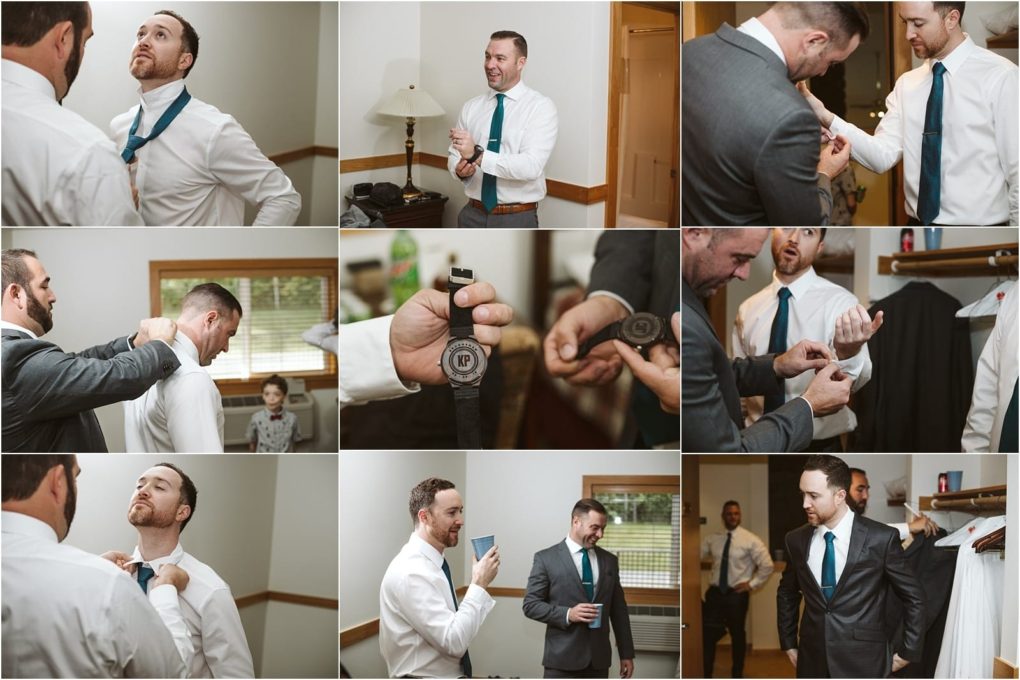 Premier snohomish & seattle wedding photographer | gsquared weddings photography a collage of photos showing men in suits getting ready for a snohomish seattle wedding adjusting ties and cufflinks laughing and preparing for a formal event in a wood accented room One image highlights an elegant watch and cufflinks up close | serving snohomish seattle                   & beyond