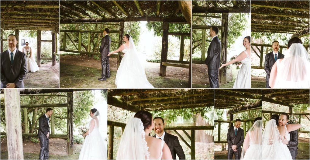 Premier snohomish & seattle wedding photographer | gsquared weddings photography a collage shows a snohomish bride and grooms joyful first look under a rustic wooden pergola outdoors capturing their emotional reactions and smiles as they see each other for the first time on their wedding day | serving snohomish seattle                   & beyond