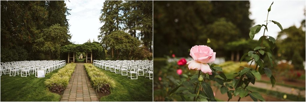Premier snohomish & seattle wedding photographer | gsquared weddings photography left an outdoor snohomish wedding ceremony setup with rows of white chairs facing a wooden arbor surrounded by greenery Right a close up of a blooming pink rose with green leaves in a garden perfect for seattle engagement inspiration | serving snohomish seattle                   & beyond