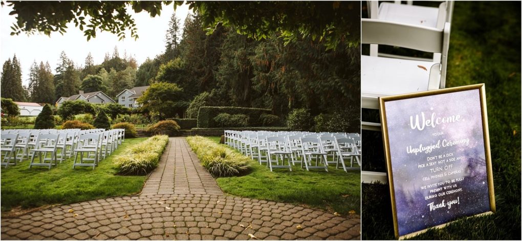 Premier snohomish & seattle wedding photographer | gsquared weddings photography an outdoor snohomish wedding ceremony setup with rows of white chairs along a stone path surrounded by lush greenery A sign on an easel welcomes guests and requests an unplugged ceremony | serving snohomish seattle                   & beyond