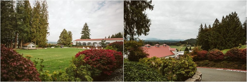 Premier snohomish & seattle wedding photographer | gsquared weddings photography a split image shows a large green lawn with a white building and tall trees on the left and red roofed buildings colorful shrubs evergreen trees and distant mountains on the rightperfect for a snohomish or seattle wedding engagement | serving snohomish seattle                   & beyond