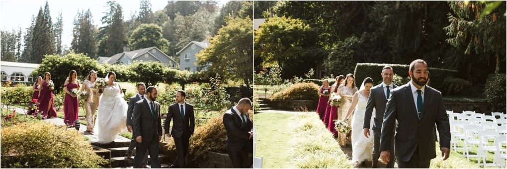 Premier snohomish & seattle wedding photographer | gsquared weddings photography a bride in a white dress walks outdoors with her bridal party in burgundy dresses and groomsmen in suits at a snohomish seattle wedding surrounded by greenery and sunshine White chairs are set up on the lawn for the outdoor ceremony | serving snohomish seattle                   & beyond