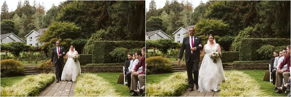Premier snohomish & seattle wedding photographer | gsquared weddings photography a bride in a white gown walks down an outdoor snohomish garden aisle with a man in a suit surrounded by lush greenery and seated guests at this beautiful seattle wedding | serving snohomish seattle                   & beyond