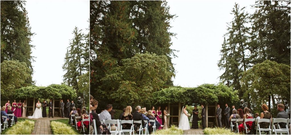 Premier snohomish & seattle wedding photographer | gsquared weddings photography a snohomish wedding ceremony takes place outdoors under a leafy arbor with the bride and groom standing together Guests sit on white chairs as bridesmaids in purple dresses and groomsmen stand on either side amid tall trees | serving snohomish seattle                   & beyond