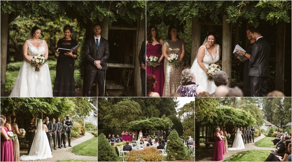 Premier snohomish & seattle wedding photographer | gsquared weddings photography a snohomish wedding ceremony outdoors the bride and groom stand under a leafy arbor with bridesmaids and groomsmen nearby Guests watch from white chairs arranged on a garden lawn near seattle | serving snohomish seattle                   & beyond