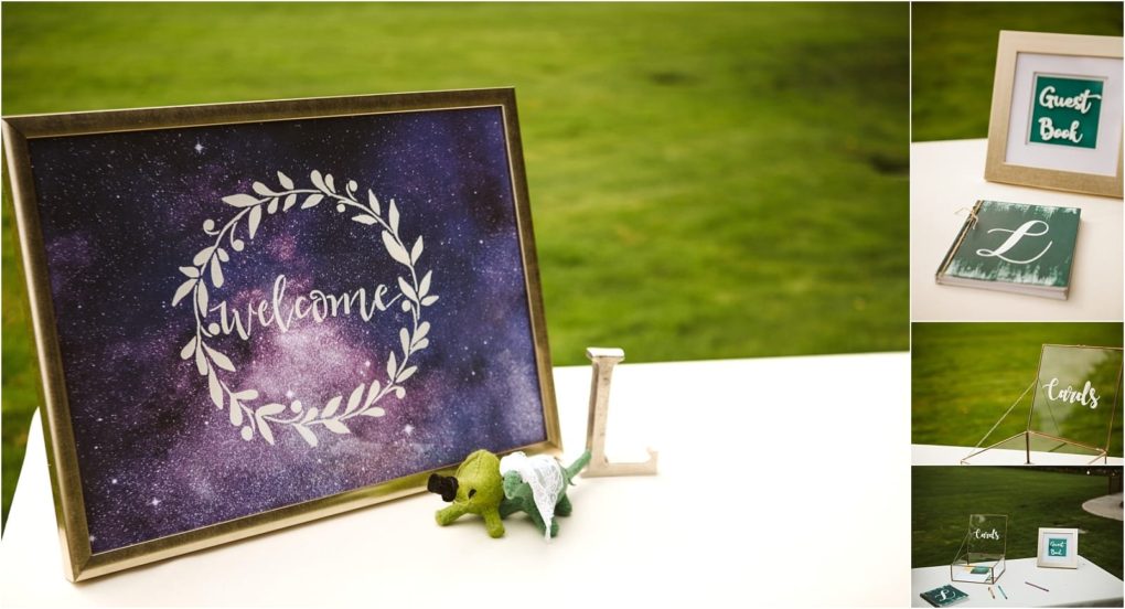 Premier snohomish & seattle wedding photographer | gsquared weddings photography a collage shows snohomish wedding signs a framed welcome sign with a starry background a framed guest book sign with a green book a clear cards box and a small green dinosaur figurine holding a white letter l | serving snohomish seattle                   & beyond