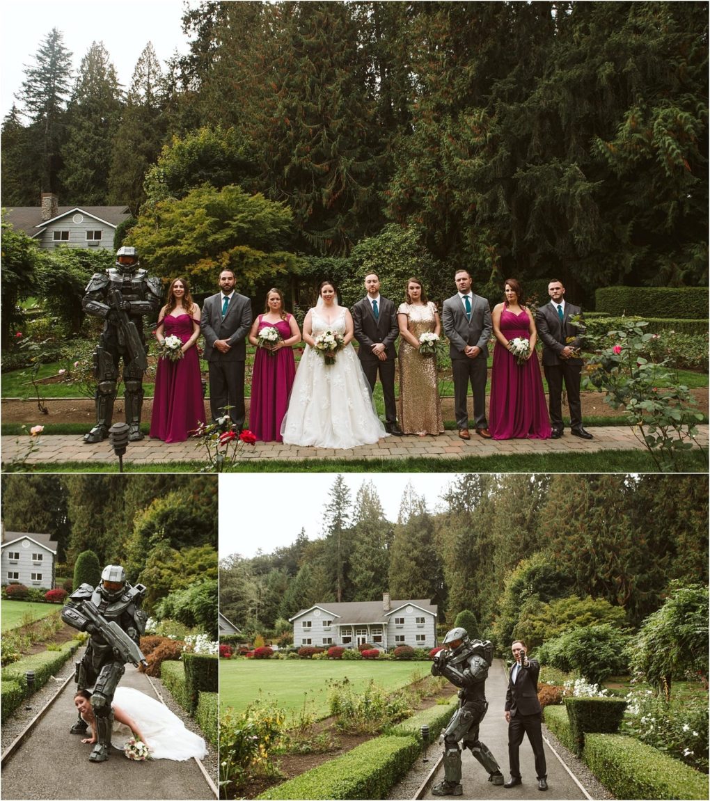 Premier snohomish & seattle wedding photographer | gsquared weddings photography a snohomish seattle wedding party poses outdoors with a bride groom bridesmaids in magenta dresses groomsmen in suits and a sci fi armored guest The lower images capture playful moments with the armored figure during the engagement celebration | serving snohomish seattle                   & beyond