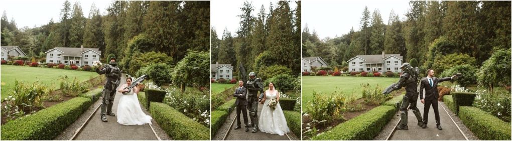 Premier snohomish & seattle wedding photographer | gsquared weddings photography three panel image of a bride groom and a person in a halo master chief costume posing playfully in a garden at a snohomish seattle wedding with manicured hedges and two large houses in the background | serving snohomish seattle                   & beyond