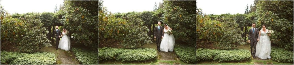 Premier snohomish & seattle wedding photographer | gsquared weddings photography a sequence of three photos shows a snohomish bride in a white dress and her groom in a suit walking together down a garden path surrounded by lush green bushes and trees at their seattle wedding engagement | serving snohomish seattle                   & beyond