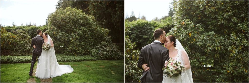 Premier snohomish & seattle wedding photographer | gsquared weddings photography a bride and groom stand closely together in a garden near snohomish embracing as they pose for wedding photos The bride wears a white dress and veil holding a bouquet while lush greenery surrounds their seattle engagement moment | serving snohomish seattle                   & beyond