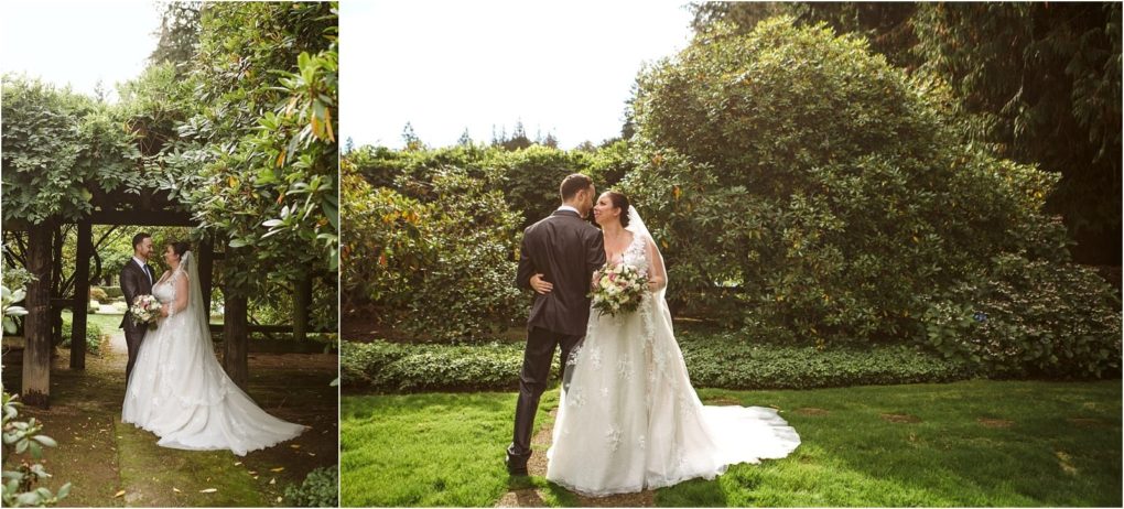 Premier snohomish & seattle wedding photographer | gsquared weddings photography a bride and groom share a romantic moment outdoors during their snohomish seattle wedding on the left they stand under a leafy arbor and on the right they embrace on a lush green lawn surrounded by tall bushes and trees | serving snohomish seattle                   & beyond