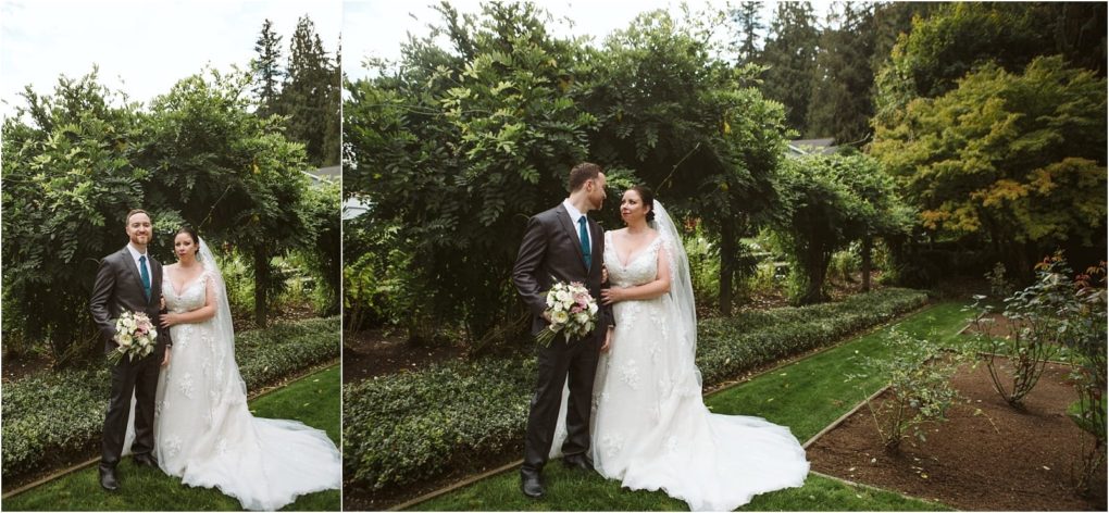 Premier snohomish & seattle wedding photographer | gsquared weddings photography a bride and groom stand together in a lush garden near snohomish the bride in a white dress with veil and bouquet the groom in a dark suit and teal tie They smile at each other surrounded by greenerycapturing their seattle wedding engagement | serving snohomish seattle                   & beyond