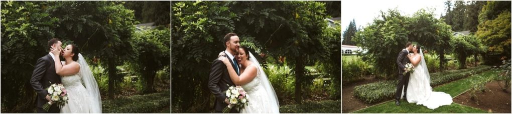Premier snohomish & seattle wedding photographer | gsquared weddings photography a bride and groom share a joyful embrace and kiss outdoors in lush greenery celebrating their snohomish seattle wedding with the bride holding a bouquet and both smiling happily | serving snohomish seattle                   & beyond