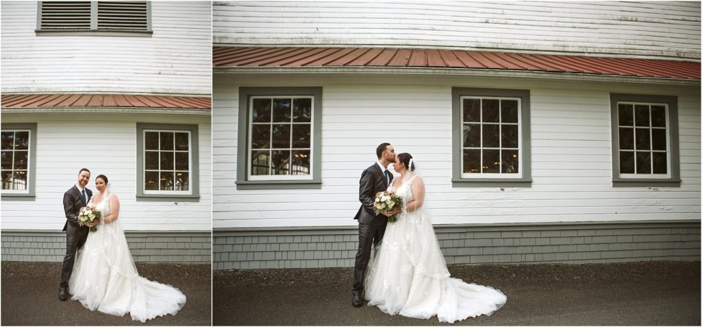 Premier snohomish & seattle wedding photographer | gsquared weddings photography a bride and groom share a kiss outside a white building with large windows during their snohomish wedding The bride holds a bouquet in her white gown while the groom dressed in a dark suit gazes lovingly at her | serving snohomish seattle                   & beyond