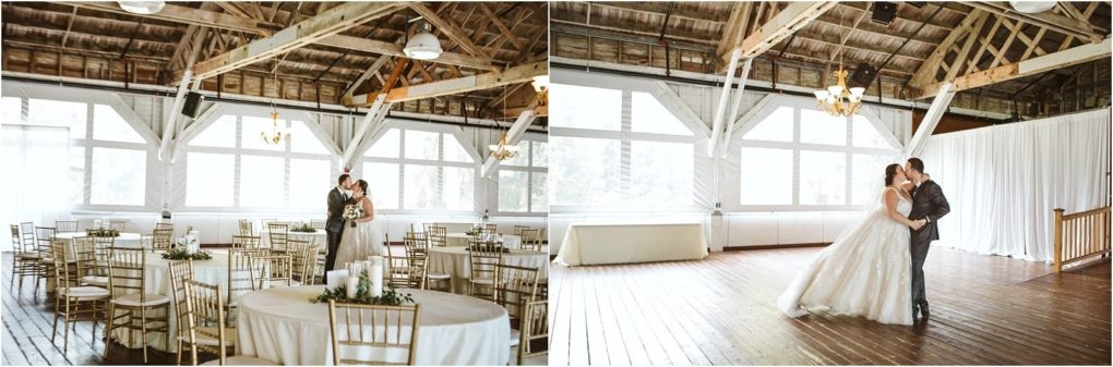 Premier snohomish & seattle wedding photographer | gsquared weddings photography a bride and groom share a romantic dance in a rustic spacious snohomish wedding venue with wooden beams white drapery chandeliers and gold chairs arranged around decorated tables | serving snohomish seattle                   & beyond