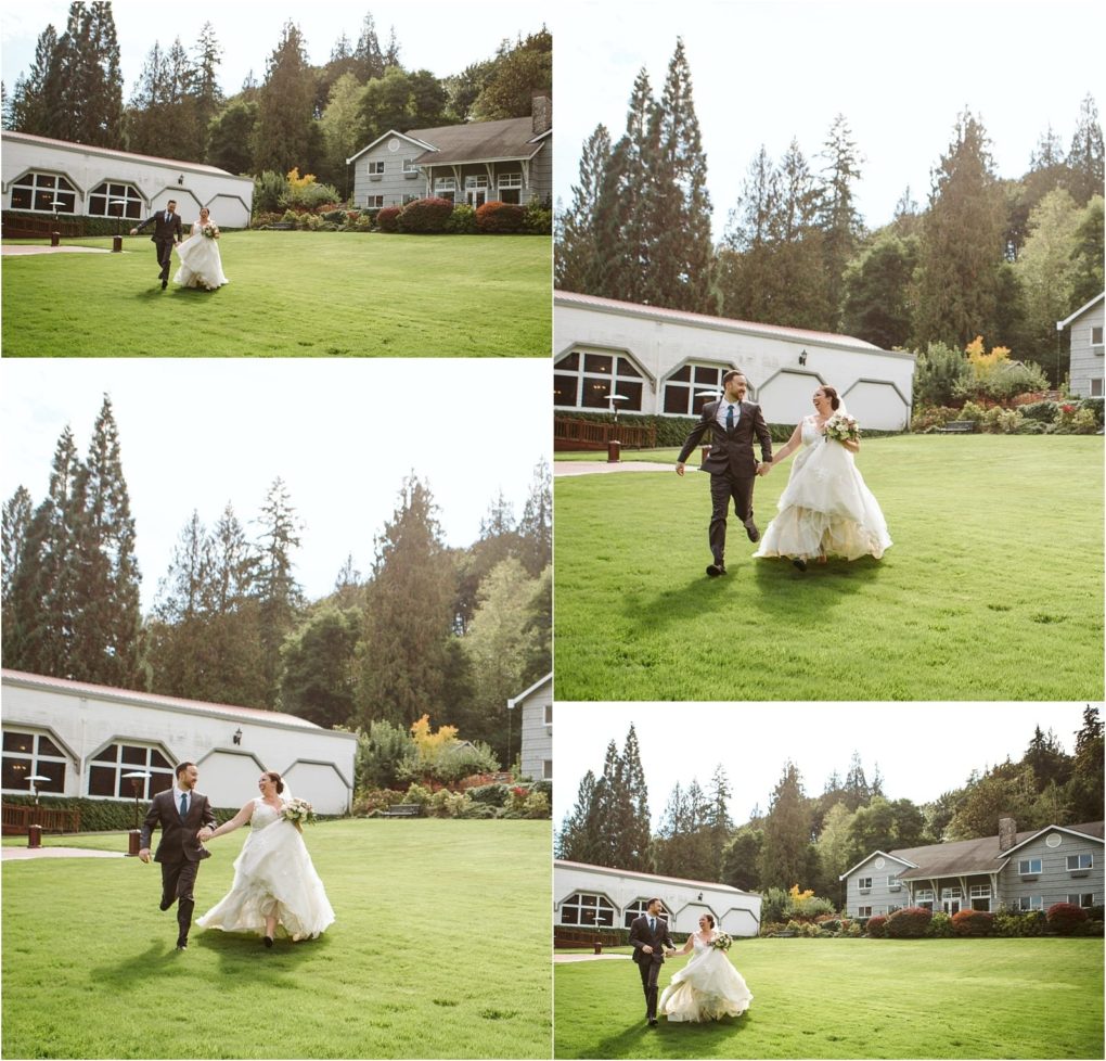 Premier snohomish & seattle wedding photographer | gsquared weddings photography a collage of four photos shows a joyful snohomish couple the bride and groom holding hands and running across a green lawn in front of large white buildings surrounded by trees and greenery on their seattle wedding day | serving snohomish seattle                   & beyond