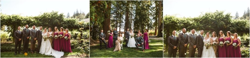 Premier snohomish & seattle wedding photographer | gsquared weddings photography three photos capture a joyful snohomish wedding party outdoorsbride groom bridesmaids in burgundy and groomsmen in grayall smiling together in a lush garden setting near seattle | serving snohomish seattle                   & beyond