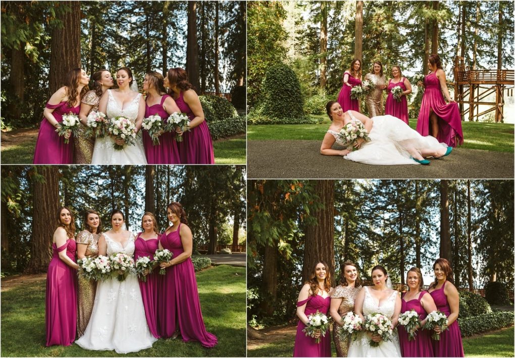 Premier snohomish & seattle wedding photographer | gsquared weddings photography four women in fuchsia and gold dresses pose with a bride in a white gown holding bouquets as they celebrate in a wooded snohomish outdoor settingsmiling and laughing on this joyful seattle wedding day | serving snohomish seattle                   & beyond