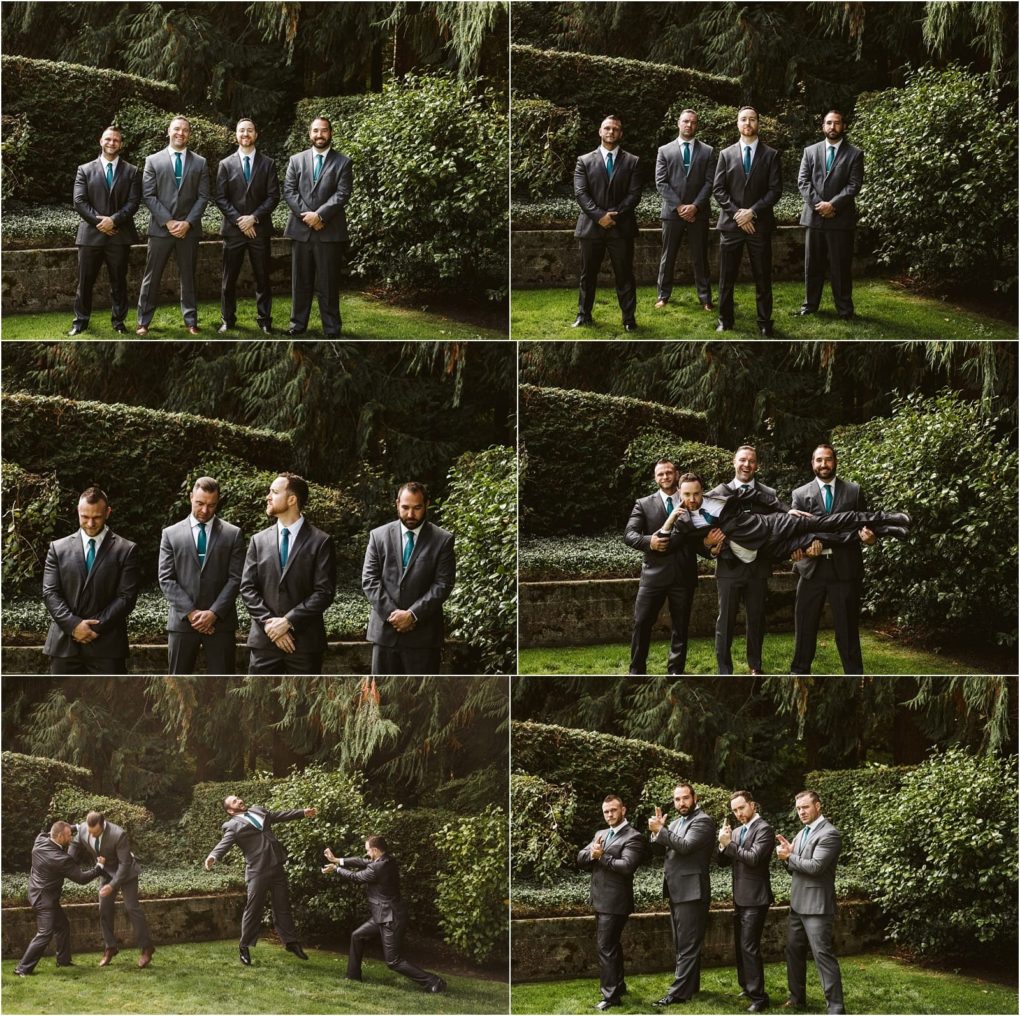 Premier snohomish & seattle wedding photographer | gsquared weddings photography a series of six photos shows five groomsmen in suits posing formally and playfully outdoors at a snohomish seattle wedding including scenes of them laughing pretending to fight and playing air guitar with a large stick amid lush greenery | serving snohomish seattle                   & beyond