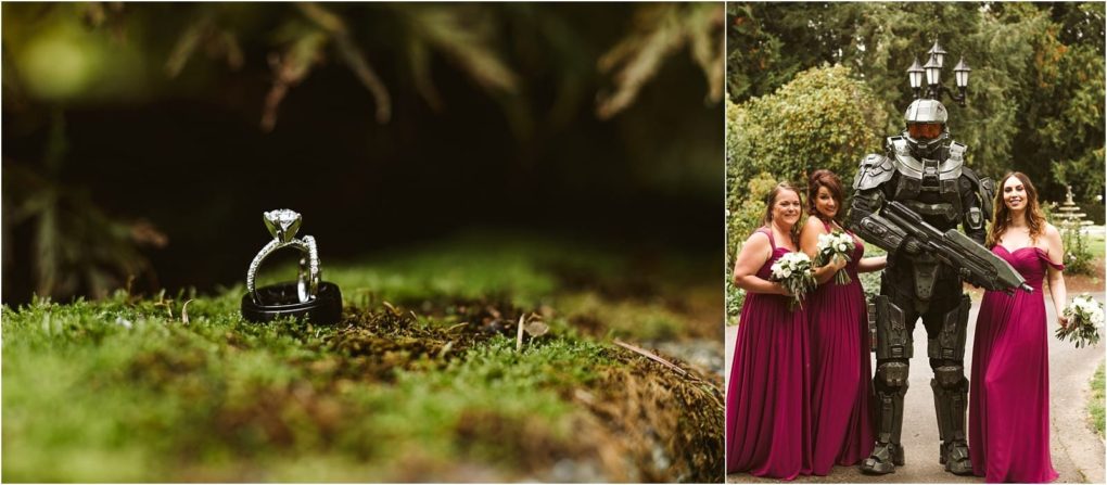Premier snohomish & seattle wedding photographer | gsquared weddings photography a close up of wedding rings on moss highlights a unique snohomish seattle wedding On the right three women in magenta dresses stand beside a person in detailed futuristic armor holding a large prop weapon all set in a lush garden | serving snohomish seattle                   & beyond