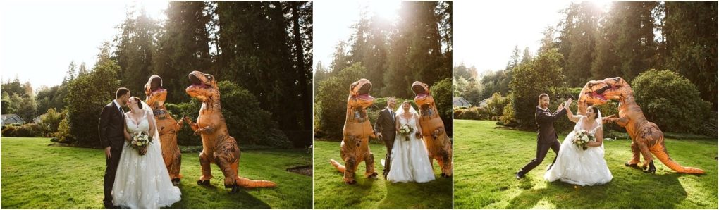 Premier snohomish & seattle wedding photographer | gsquared weddings photography a bride and groom laugh and pose with two people in inflatable dinosaur costumes on a sunlit lawn surrounded by trees during a joyful snohomish outdoor wedding | serving snohomish seattle                   & beyond