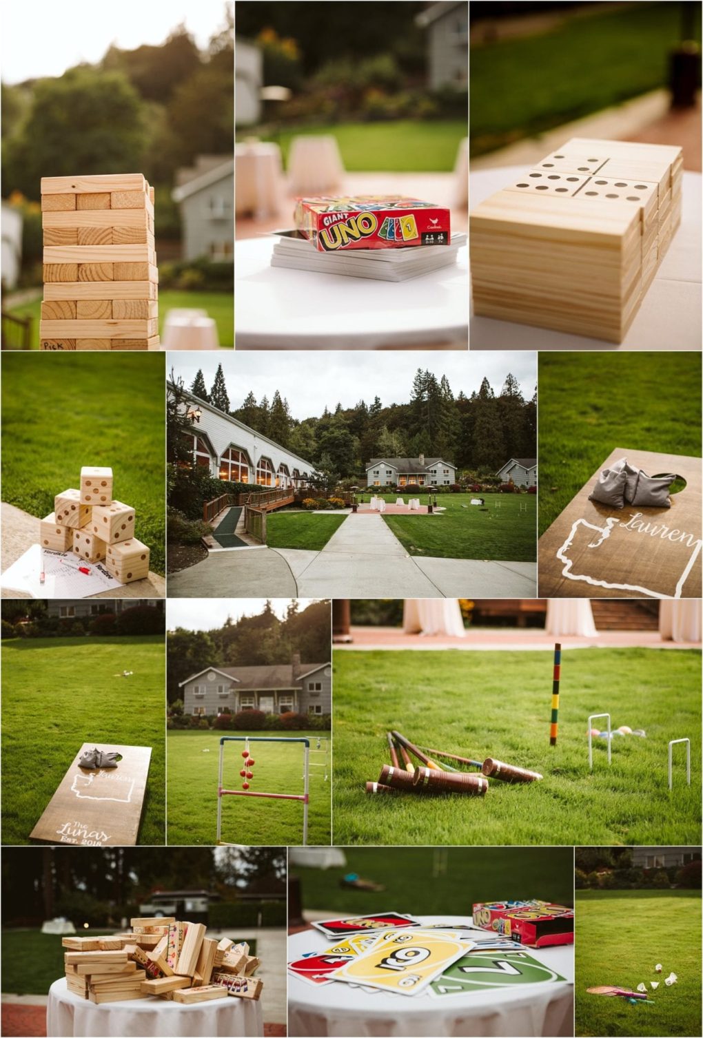 Premier snohomish & seattle wedding photographer | gsquared weddings photography a collage of outdoor lawn gamesgiant jenga uno dominos dice cornhole ladder toss croquetset at a snohomish seattle wedding venue with green grass and buildings in the background Perfect for engagement celebrations | serving snohomish seattle                   & beyond
