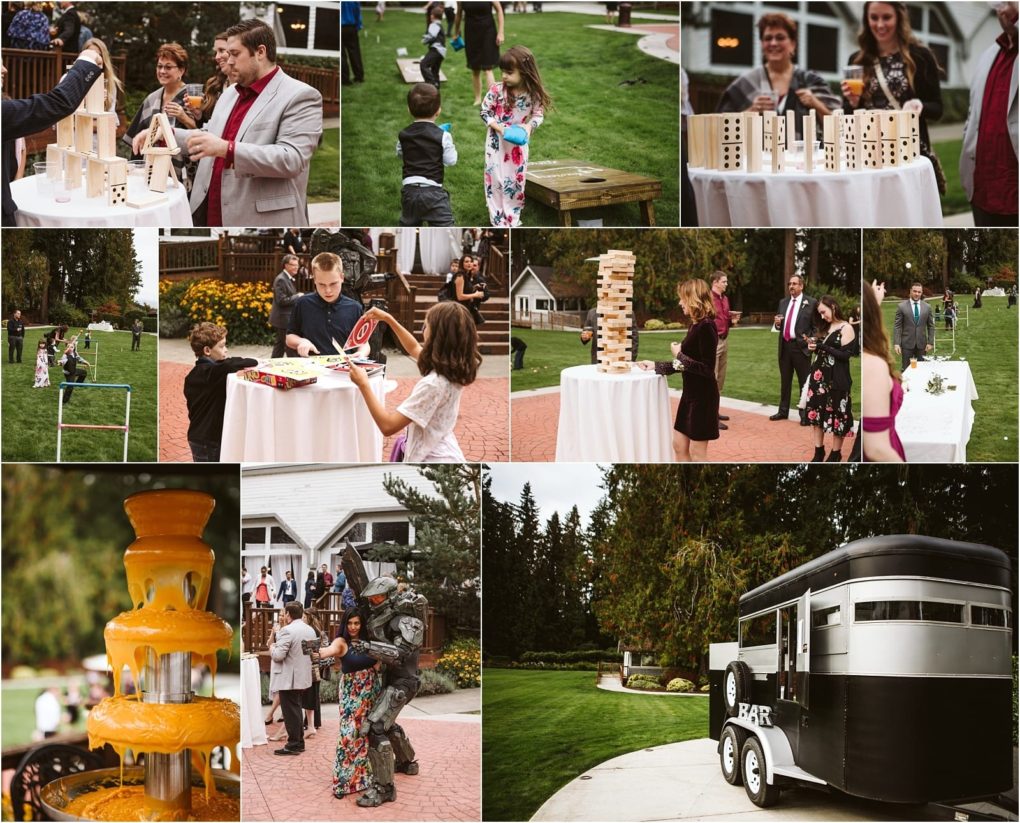 Premier snohomish & seattle wedding photographer | gsquared weddings photography a collage of outdoor snohomish wedding scenes shows people playing lawn games a yellow chocolate fountain guests socializing dancing and a horse trailer converted into a mobile barall in a lush garden setting | serving snohomish seattle                   & beyond