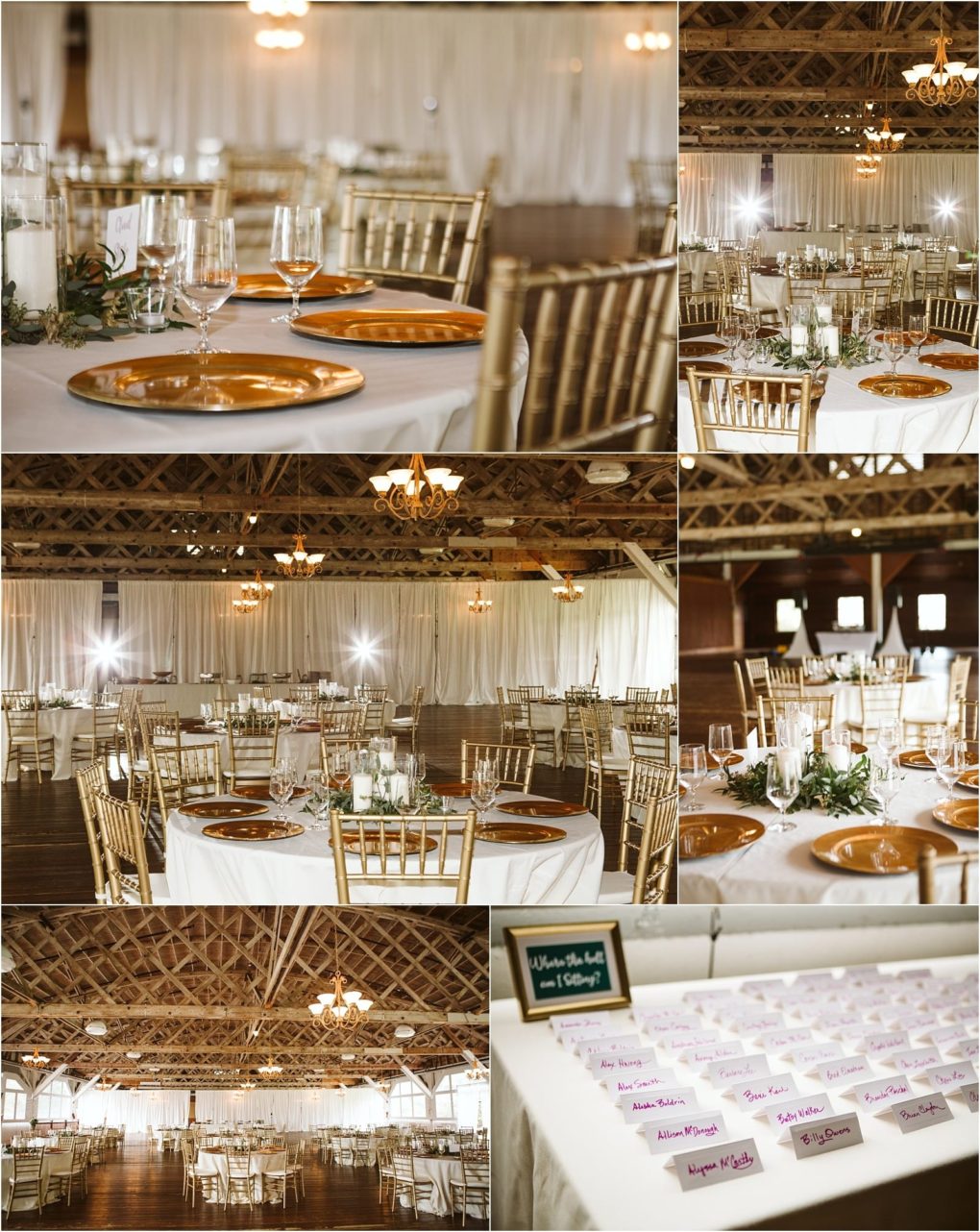 Premier snohomish & seattle wedding photographer | gsquared weddings photography a stunning snohomish wedding reception hall with round tables set with gold chargers elegant glasses white linens gold chairs candles and greenery Place cards for your seattle wedding or engagement are neatly arranged near the entrance | serving snohomish seattle                   & beyond