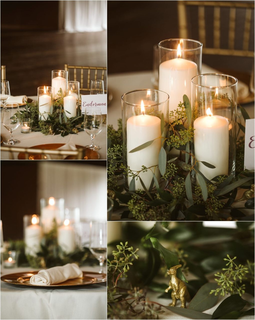 Premier snohomish & seattle wedding photographer | gsquared weddings photography elegant snohomish wedding table decor featuring white pillar candles in glass holders surrounded by greenery with gold plates rolled napkins and a small gold dinosaur figurine nestled among the foliage | serving snohomish seattle                   & beyond