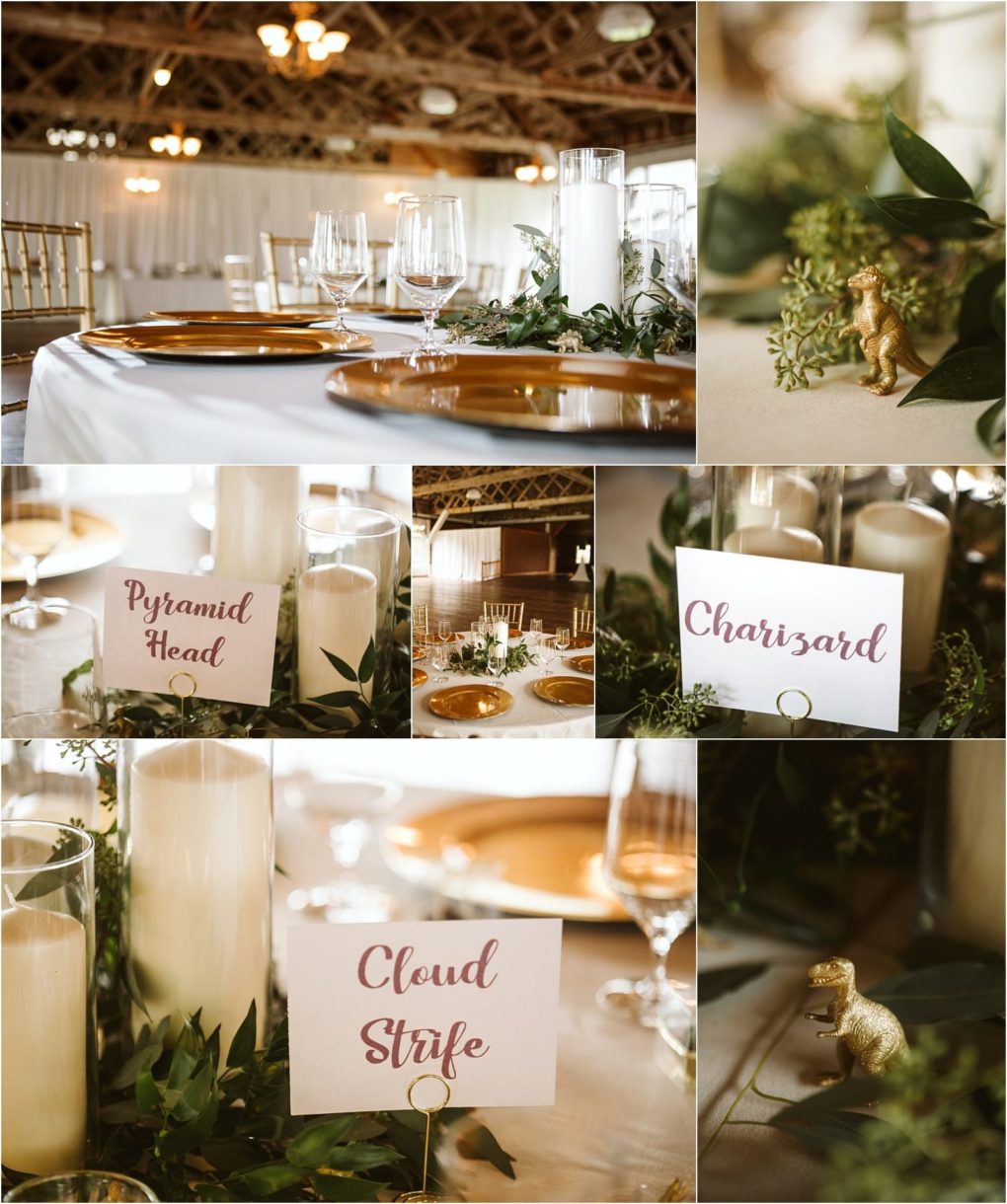Premier snohomish & seattle wedding photographer | gsquared weddings photography a collage of elegant snohomish wedding table settings with gold plates candles greenery and small dinosaur figurines Table cards display names like charizard pyramid head and cloud strife  | serving snohomish seattle                   & beyond