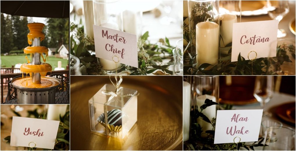 Premier snohomish & seattle wedding photographer | gsquared weddings photography a collage showcases a yellow drink fountain chocolate favor in a clear box and place cards with names like master chief cortana yoshi and alan wake on decorated tablesperfect inspiration for a snohomish seattle wedding engagement | serving snohomish seattle                   & beyond