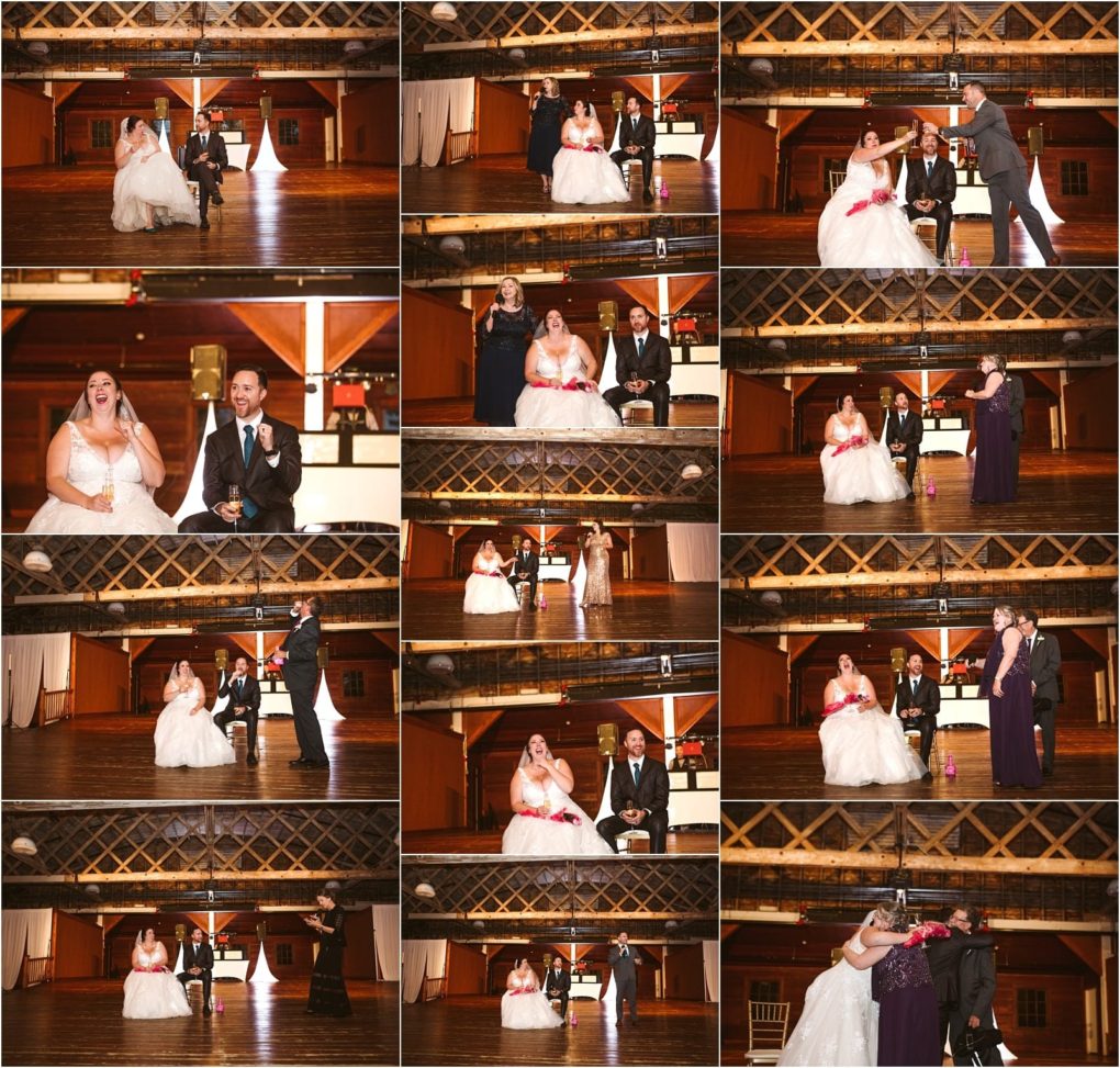 Premier snohomish & seattle wedding photographer | gsquared weddings photography a collage of twelve snohomish wedding photos shows a bride in a white gown and groom in a suit playfully sharing cake and laughing on a wooden dance floor inside a rustic venue with exposed beams | serving snohomish seattle                   & beyond