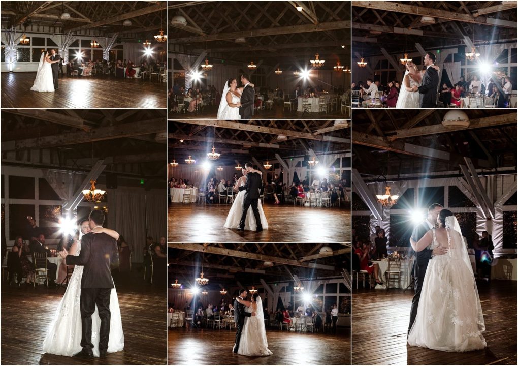 Premier snohomish & seattle wedding photographer | gsquared weddings photography a collage of nine photos captures a snohomish bride and groom sharing their first dance in a rustic venue with wooden beams chandeliers and guests seated around the dance floorsmiling and illuminated under bright lighting | serving snohomish seattle                   & beyond