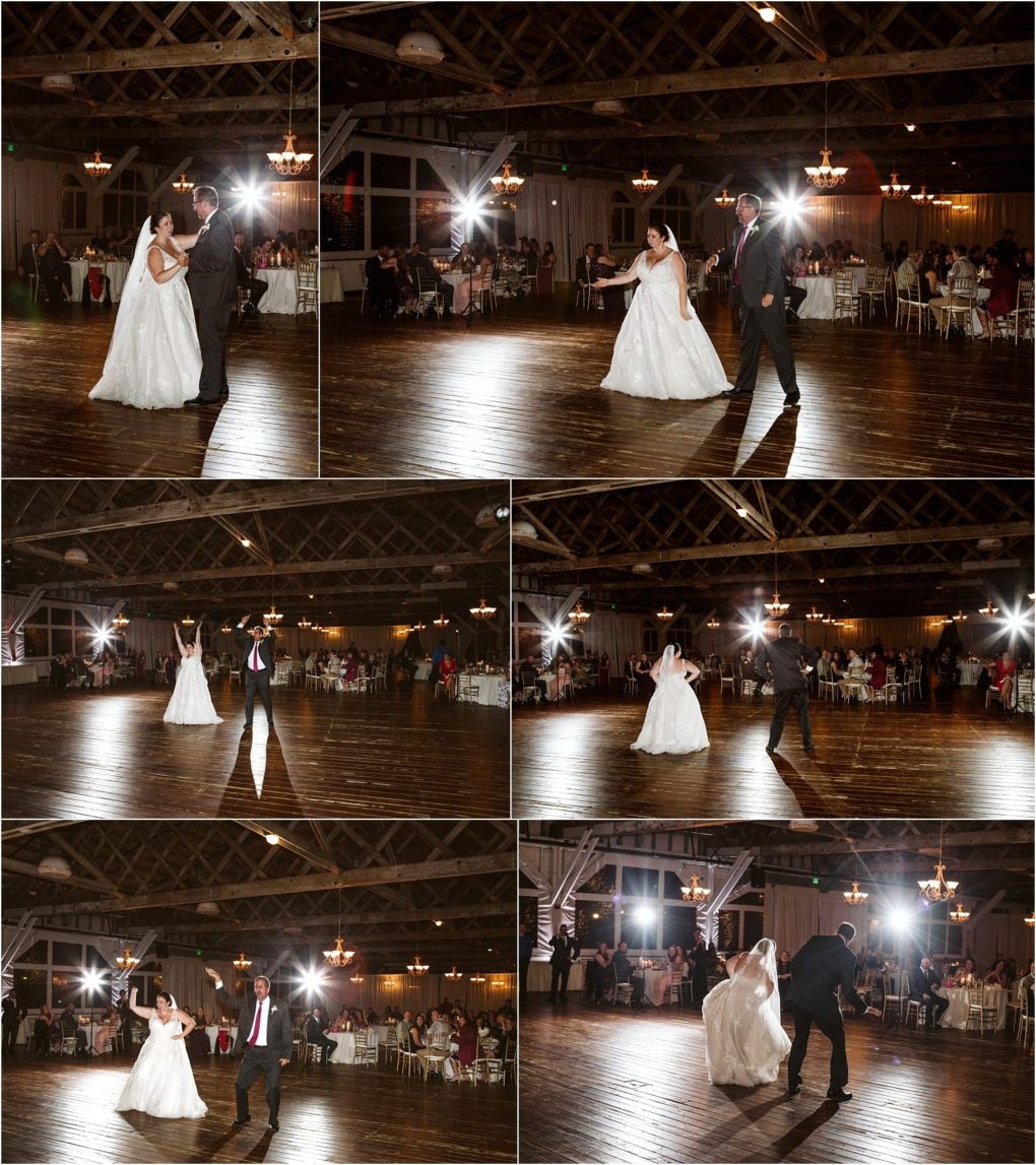 Premier snohomish & seattle wedding photographer | gsquared weddings photography a bride and groom perform their first dance in a large elegant hall with wooden floors and chandeliers at a stunning snohomish seattle wedding while guests watch from decorated tables in the background | serving snohomish seattle                   & beyond