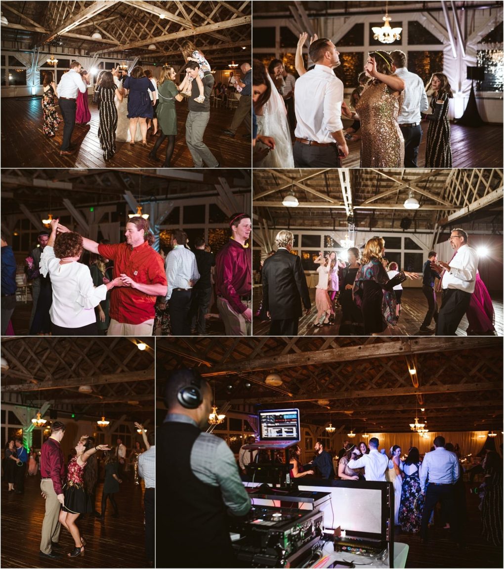 Premier snohomish & seattle wedding photographer | gsquared weddings photography guests dance and celebrate at a snohomish wedding reception with wooden floors string lights and a dj playing music Dressed in formal attire they enjoy the festive atmosphere of this memorable seattle engagement celebration | serving snohomish seattle                   & beyond