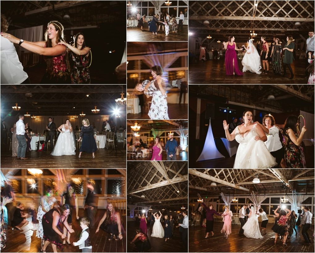 Premier snohomish & seattle wedding photographer | gsquared weddings photography a collage of snohomish wedding reception photos shows guests and the bride dancing in a rustic hall with wooden floors chandeliers and a joyful atmospherecapturing the spirit of a seattle engagement celebration | serving snohomish seattle                   & beyond