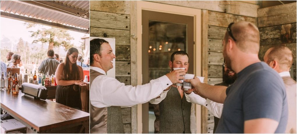 Premier snohomish & seattle wedding photographer | gsquared weddings photography two photos on the left a bartender serves drinks at an outdoor snohomish wedding bar On the right four men in dress shirts and vests raise cups in a toast smiling and standing in front of a rustic wooden wall | serving snohomish seattle                   & beyond