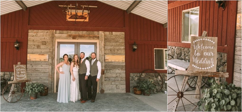 Premier snohomish & seattle wedding photographer | gsquared weddings photography four people dressed in wedding attire stand smiling in front of a rustic wooden barn near snohomish A sign on a wagon wheel reads welcome to our wedding with greenery on either side capturing the charm of a seattle wedding engagement | serving snohomish seattle                   & beyond