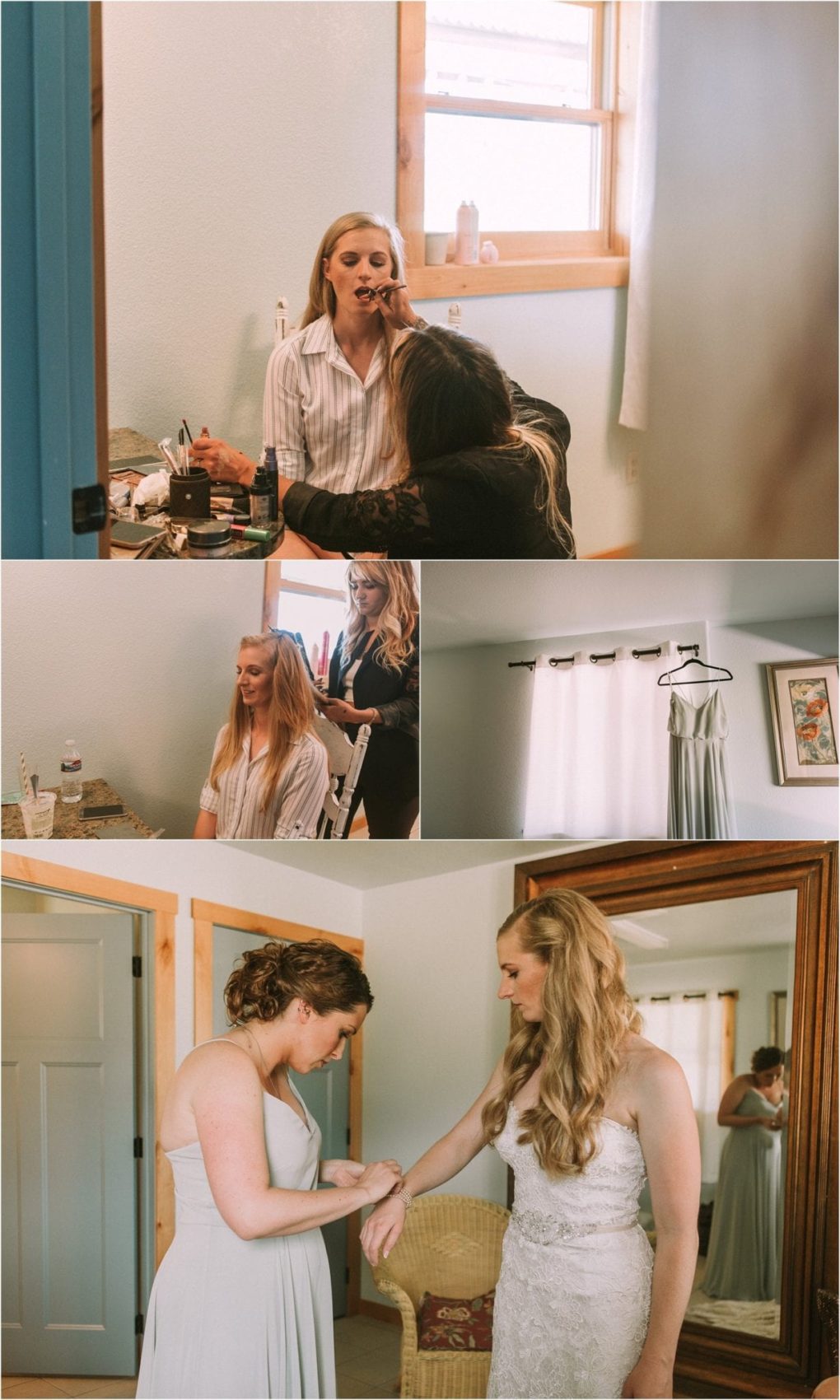 Premier snohomish & seattle wedding photographer | gsquared weddings photography a collage captures a snohomish bride getting ready makeup applied hair styled her wedding dress hanging by the window and loved ones helping fasten her bracelet before a beautiful seattle wedding | serving snohomish seattle                   & beyond