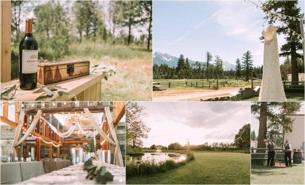 Premier snohomish & seattle wedding photographer | gsquared weddings photography a collage of rustic snohomish wedding scenes a wine bottle on a wooden box outdoors a wedding dress hanging with mountains behind an elegantly decorated reception hall a sunset over a pond and a barn with trees | serving snohomish seattle                   & beyond