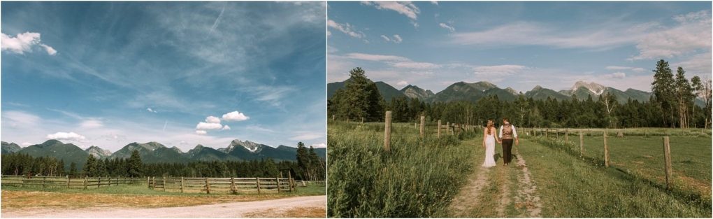 Premier snohomish & seattle wedding photographer | gsquared weddings photography split image on the left a scenic snohomish view of mountains trees and a wooden fence under a blue sky On the right a couple in wedding attire strolls a grassy pathperfect for a seattle wedding or engagement session | serving snohomish seattle                   & beyond